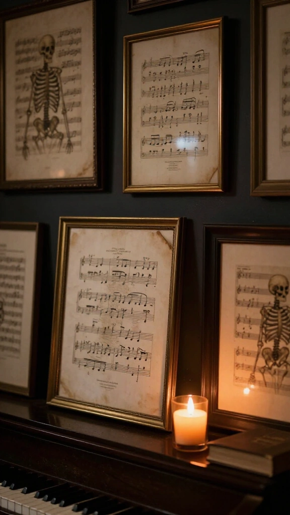 Framed antique skeleton sheet music