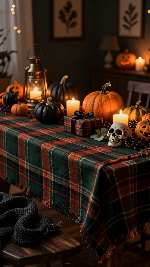 Incorporate warm plaid into your Halloween palette