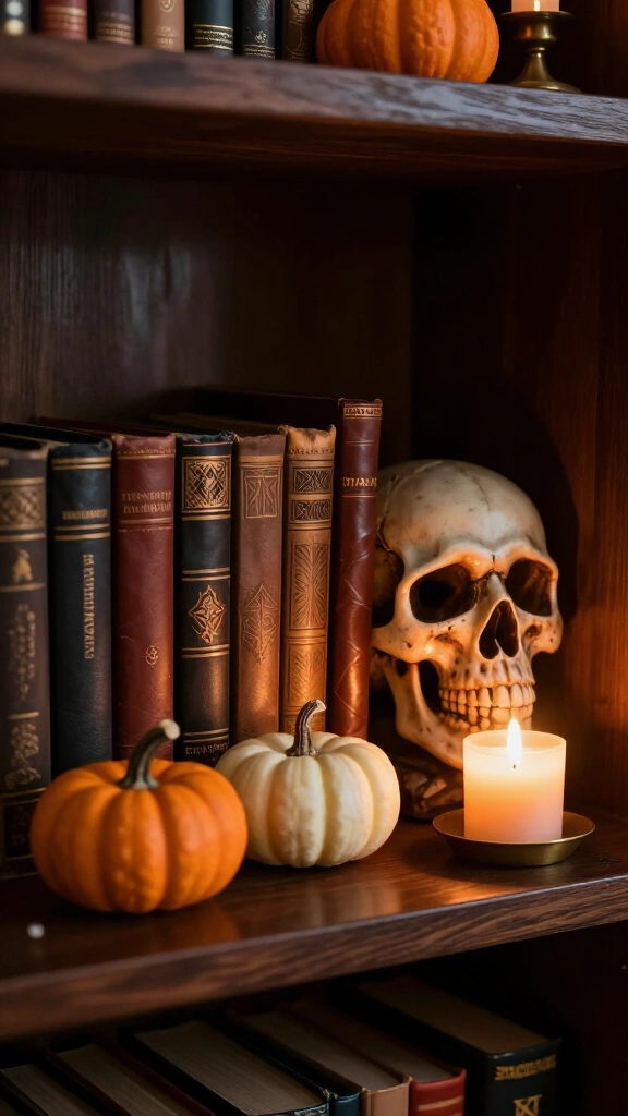 Set up a Halloween-themed bookshelf display