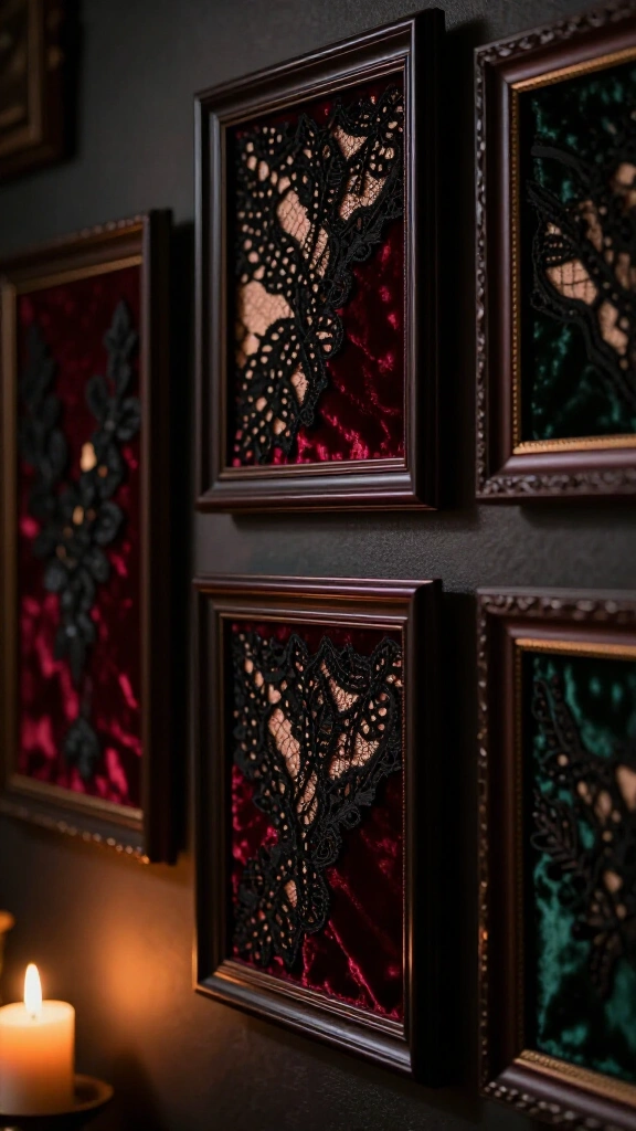 Framed black lace and velvet swatches