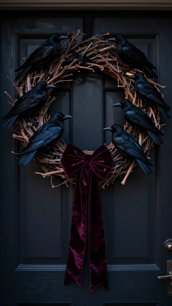 Raven wreath with velvet ribbon