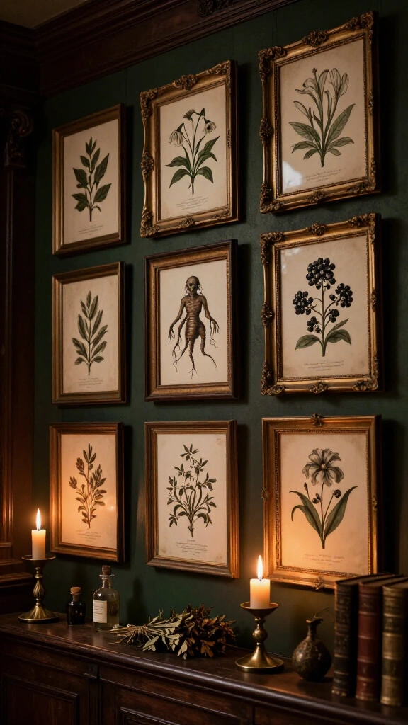 Framed botanical specimen art with spooky twists