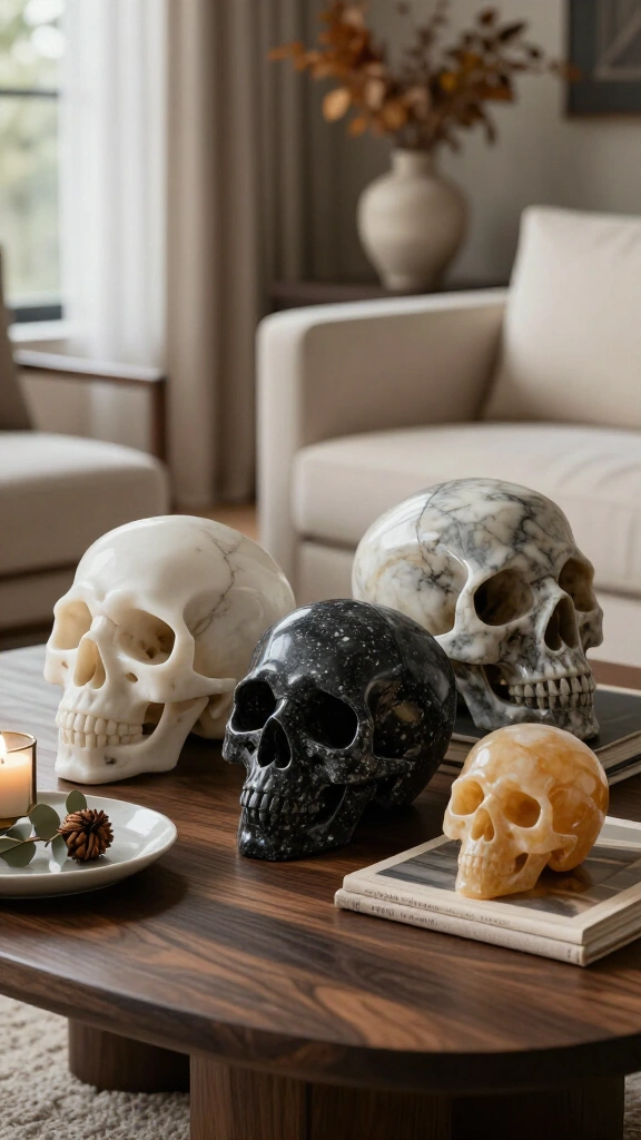 Muted marble and stone skulls