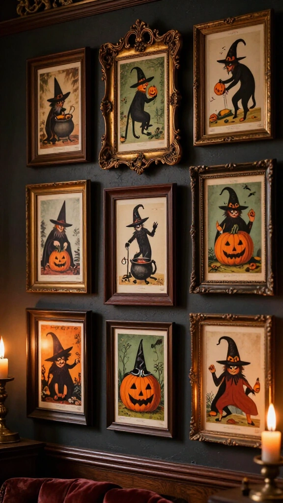 Gallery wall of vintage Halloween postcards
