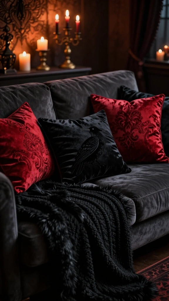 Gothic velvet raven pillows and throw blankets