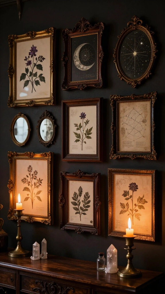 Framed vintage celestial and botanical wall art