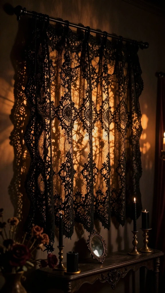 Black lace or sheer curtain panel as wall art