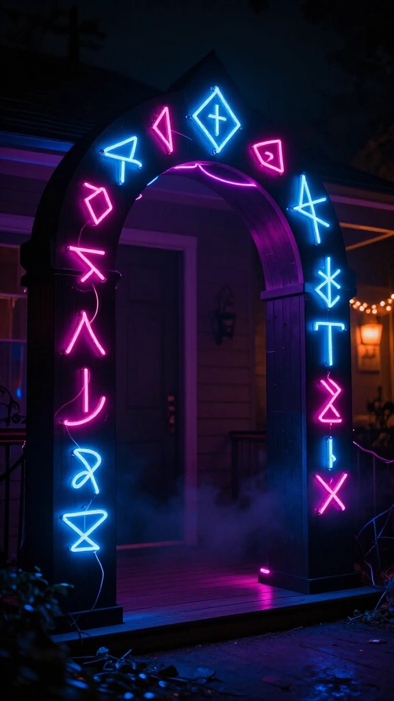 The glowing neon glyph and rune gateway