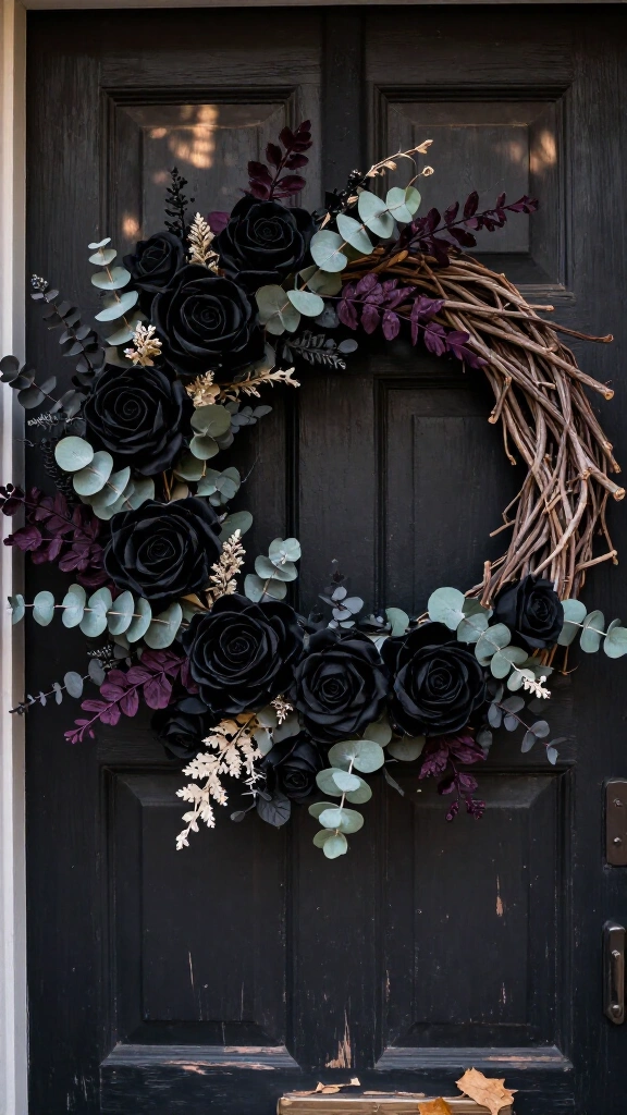 Faux black rose and dried floral wreaths