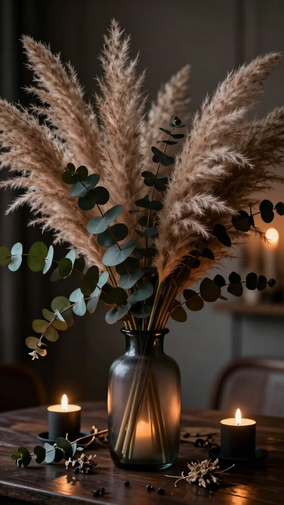 Dried pampas grass and dark eucalyptus centerpieces