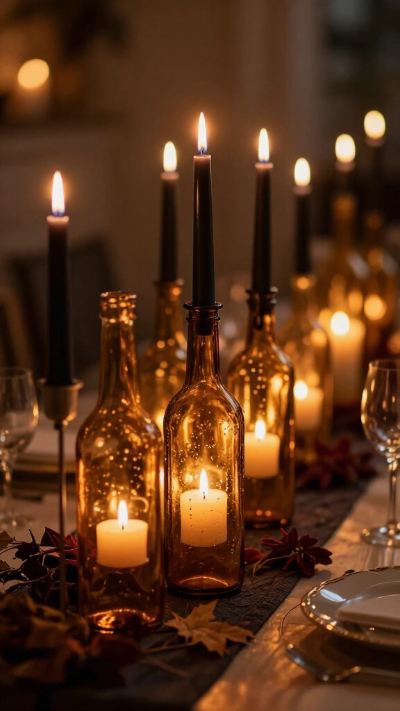 Amber glass bottles with floating candles