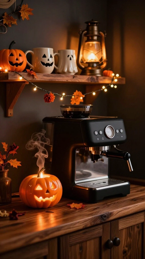 Cozy Halloween coffee nook with warm lighting