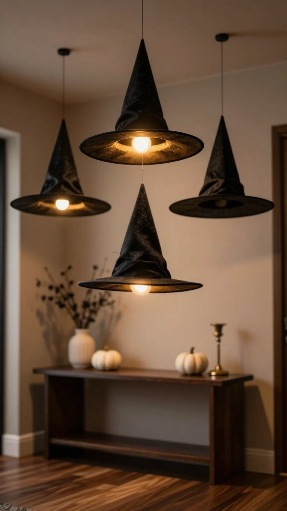 Floating witch hats with warm LED lights