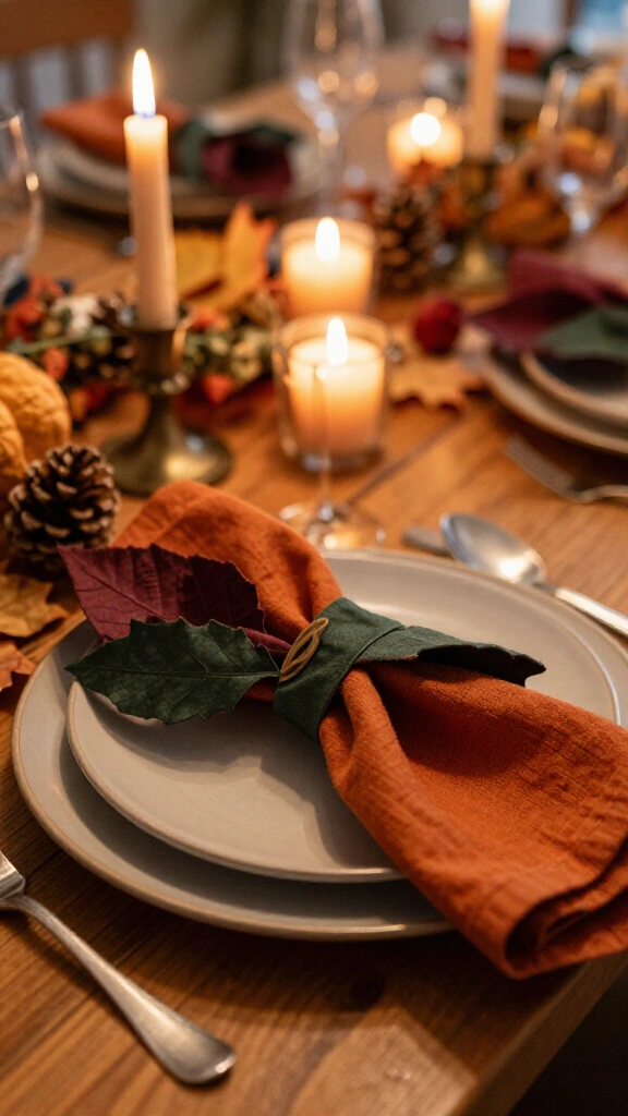 Linen napkins folded into leaf shapes