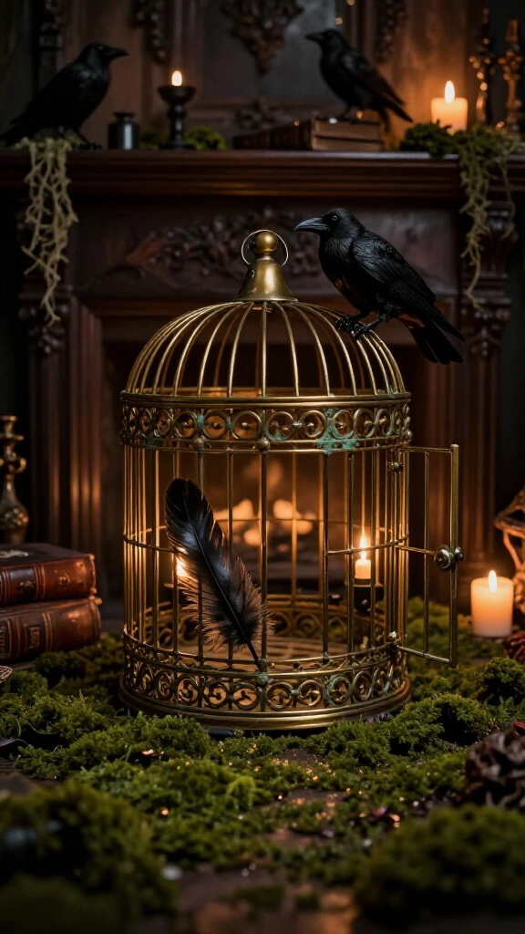 Raven perch and gothic birdcage