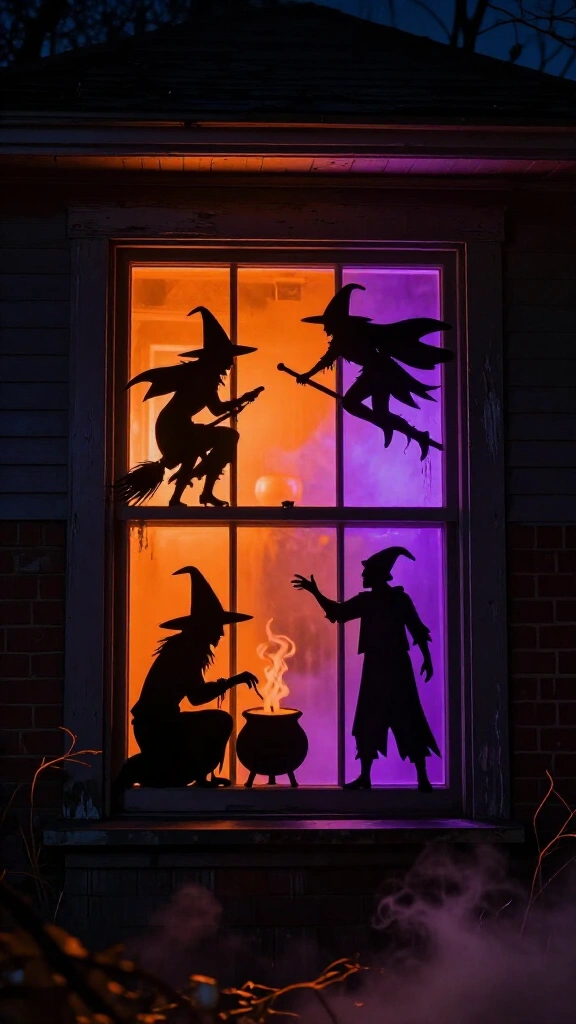 Glowing spooky window silhouettes