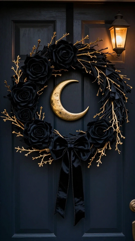 Witchy door wreath with black roses