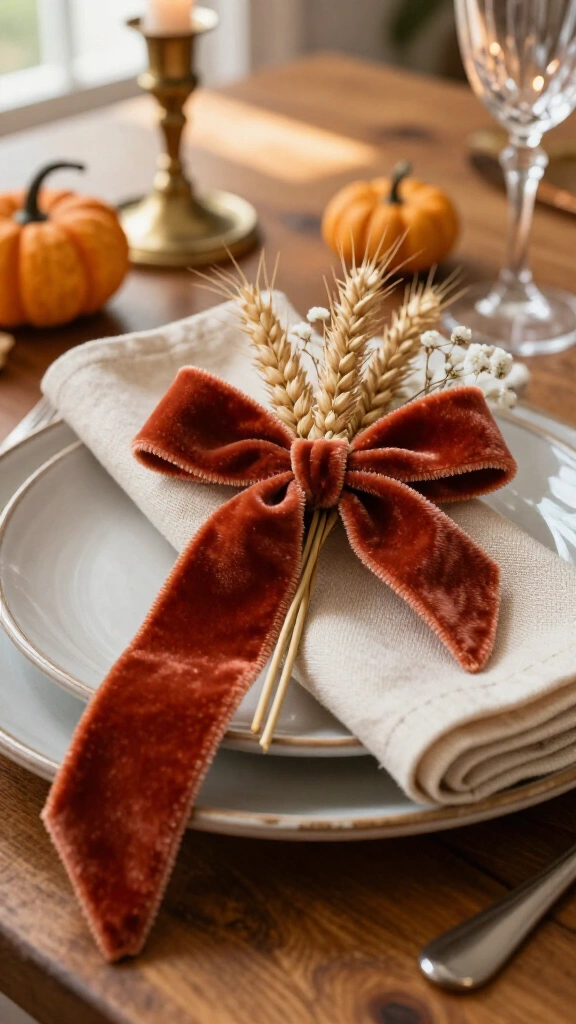 Velvet napkin ties with dried wheat