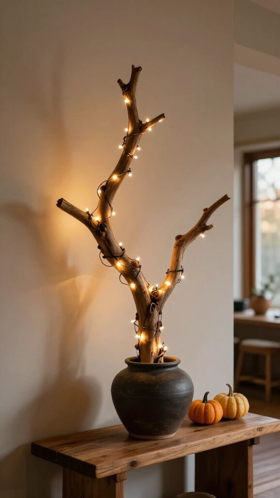 Warm fairy-lit forest branch