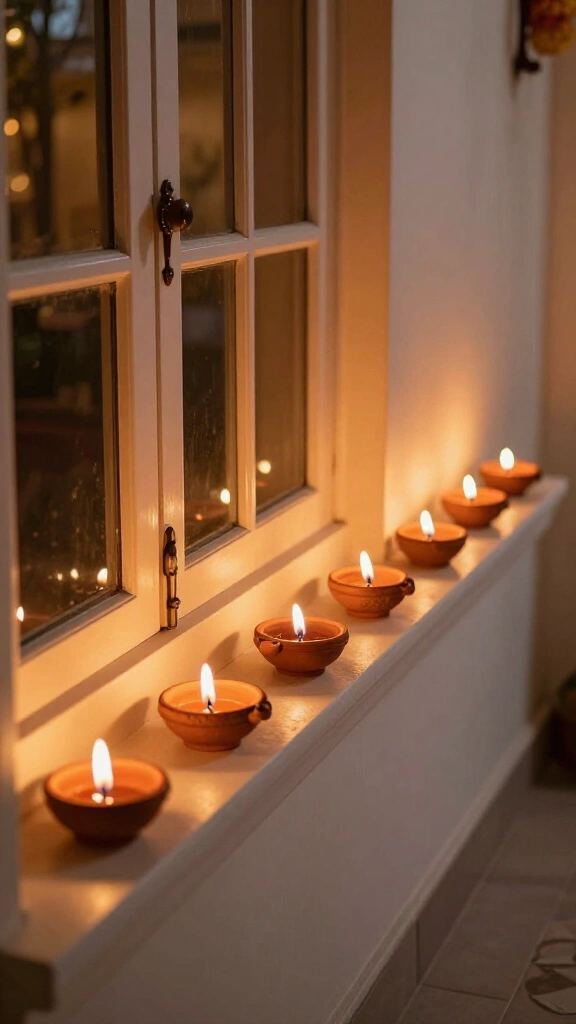 Classic diyas along the windowsills
