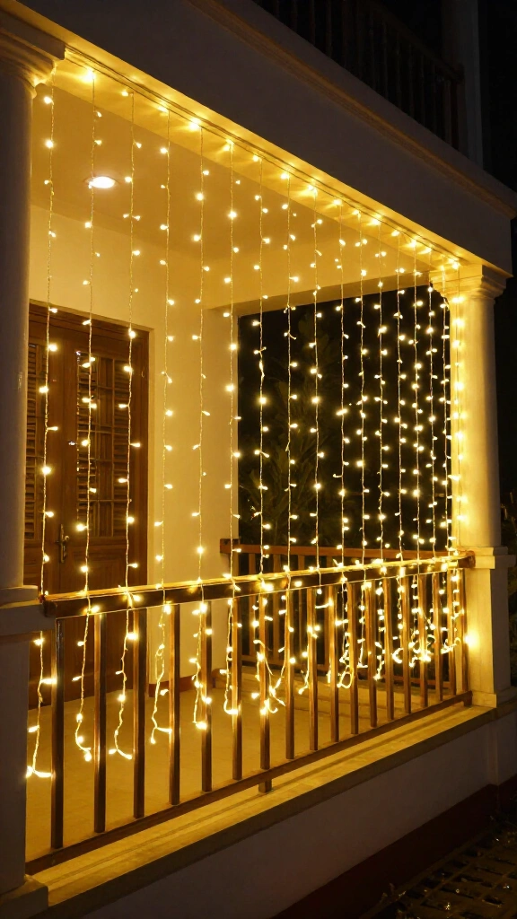 Fairy light curtain on the balcony