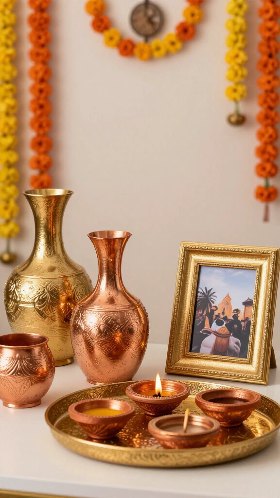 Gold and copper metallic accents throughout