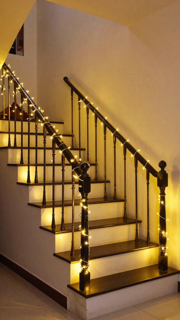 String lights wrapped around the staircase railing
