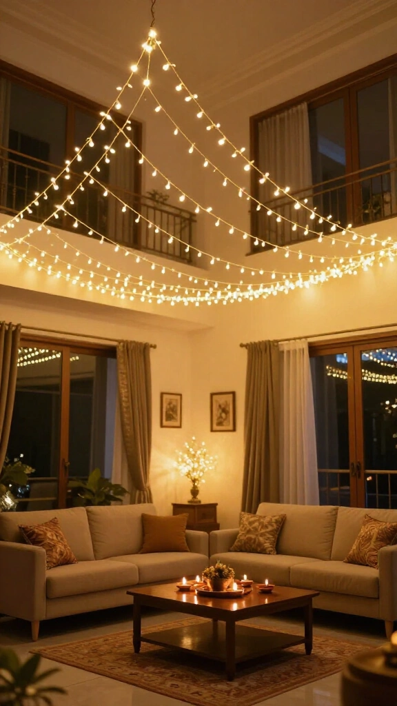 Illuminated fairy light canopy in the living room
