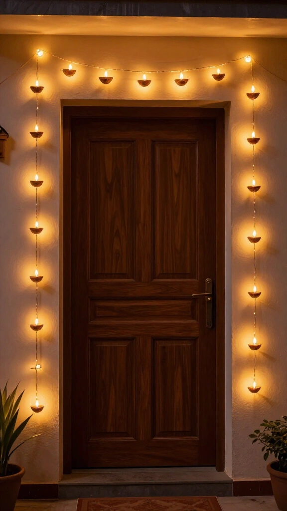 LED diya string lights around the doorframe