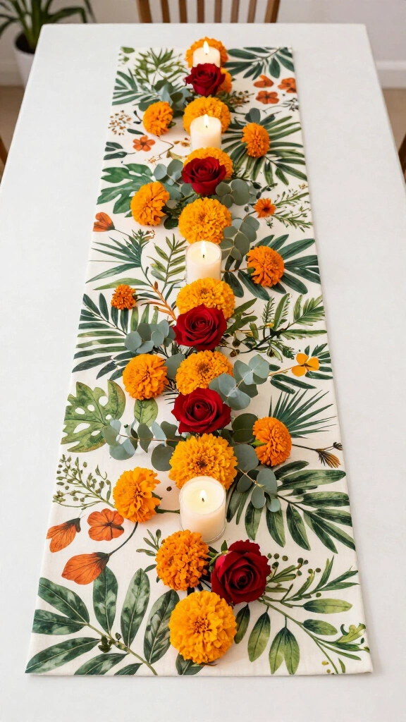Botanical table runner with flowers and herbs