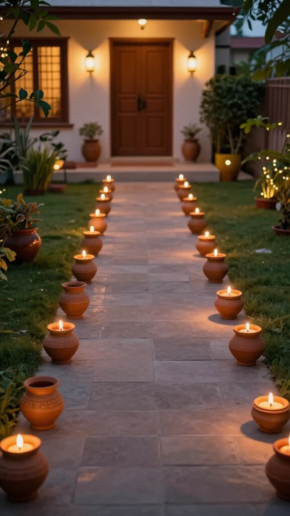 Outdoor pathway lights with earthen pots