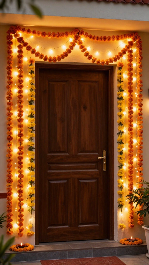 Marigold and light garland for the doorway
