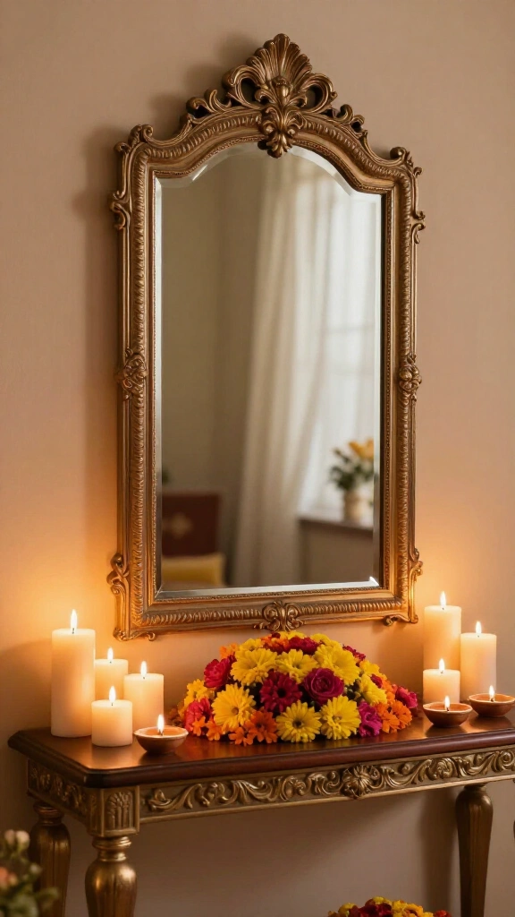 Mirror and candle vignette on sideboards