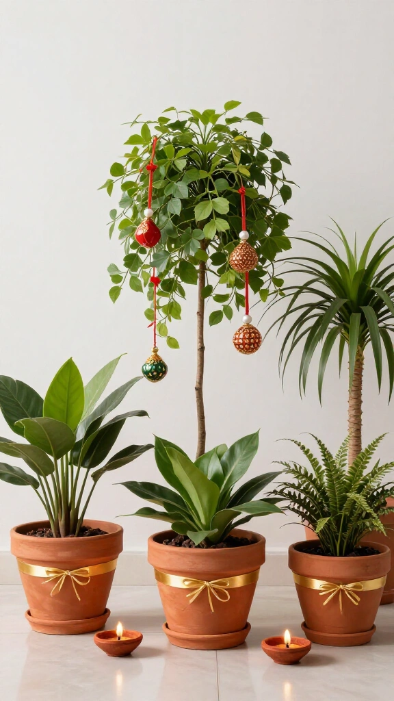 Potted plants styled with festive accents