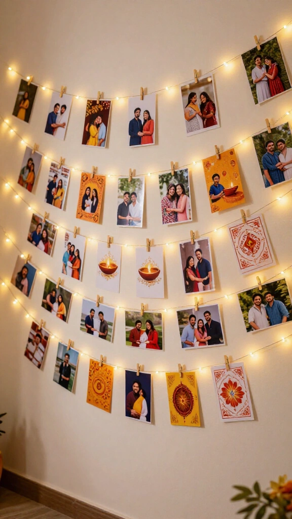 Fairy light photo display wall