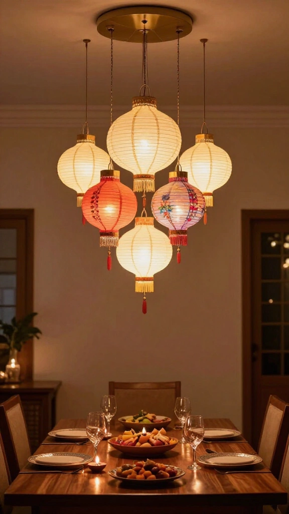 Pendant light cluster over the dining table