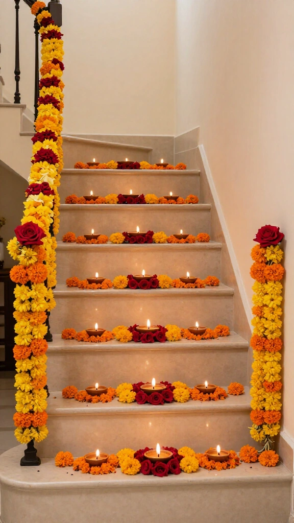 Festive staircase decor with diyas and flowers