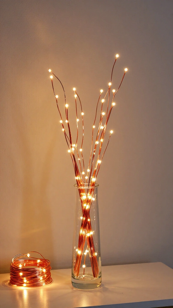 Copper wire lights in vases