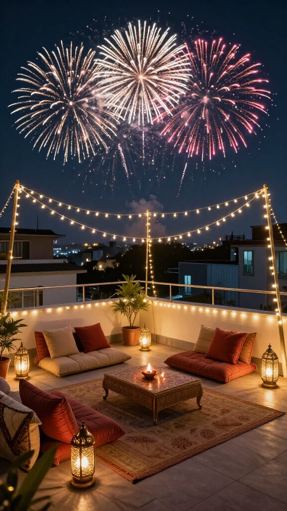 Rooftop stargazing setup with festival lights