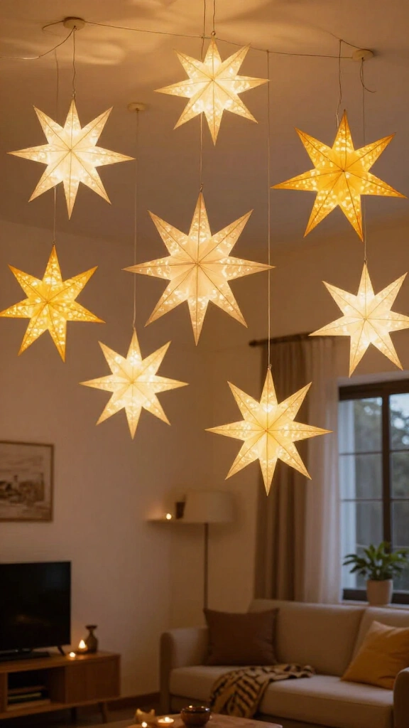 String Paper Star Lanterns Across the Ceiling