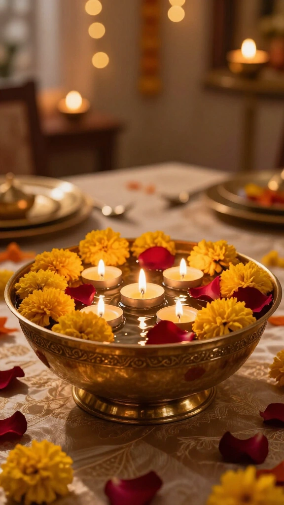 Brass Urli Centerpiece with Floating Florals