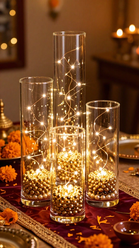 Layered Glass Cylinder Vases with Fairy Lights