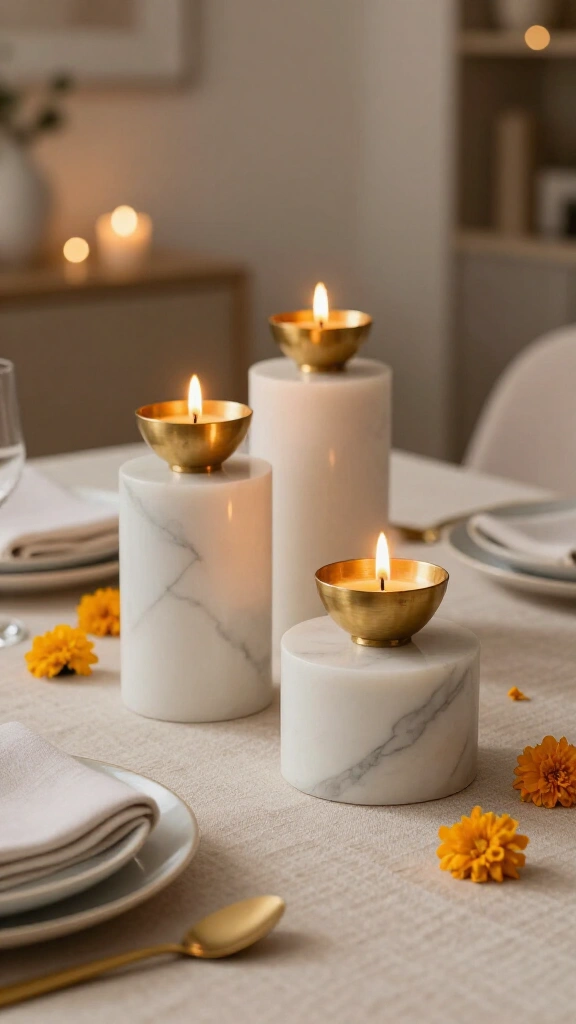 Minimalist Marble and Gold Diya Stands