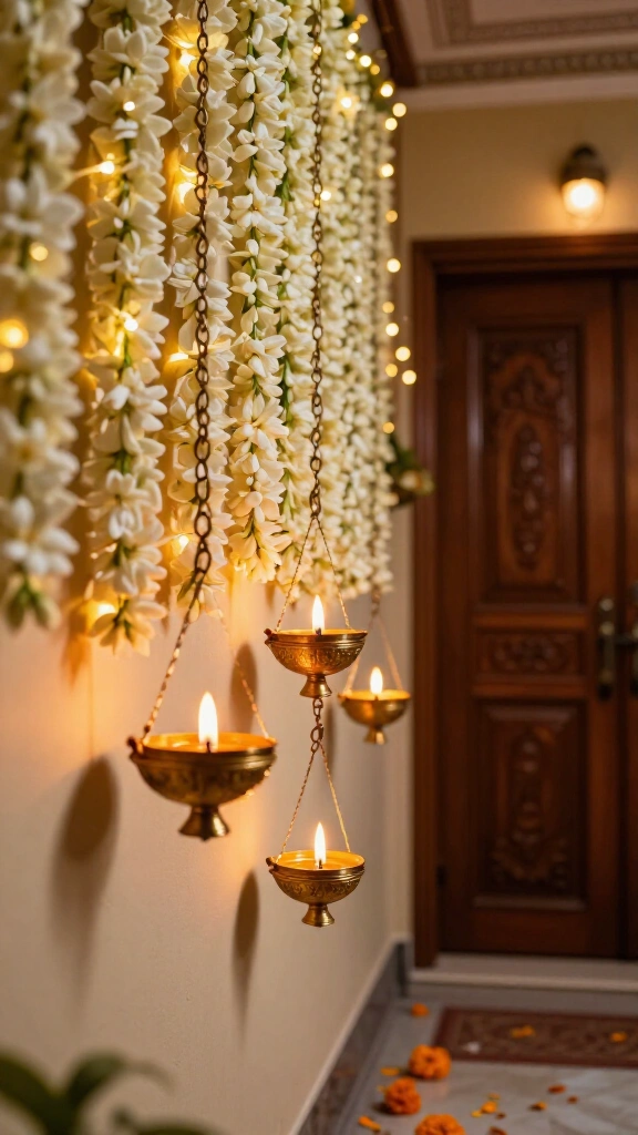 Cascading Jasmine and Brass Diya Curtain