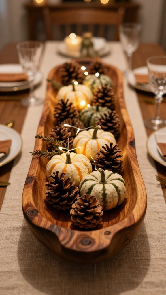 Rustic Dough Bowl Filled with Pinecones and Fairy Lights