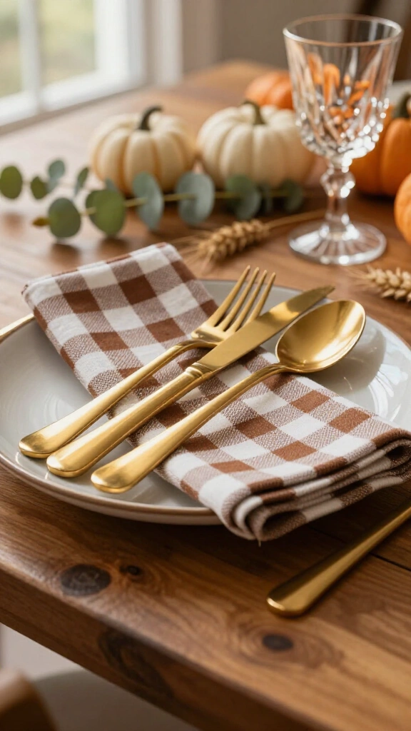 Crisp Gingham Napkins with Gold Cutlery