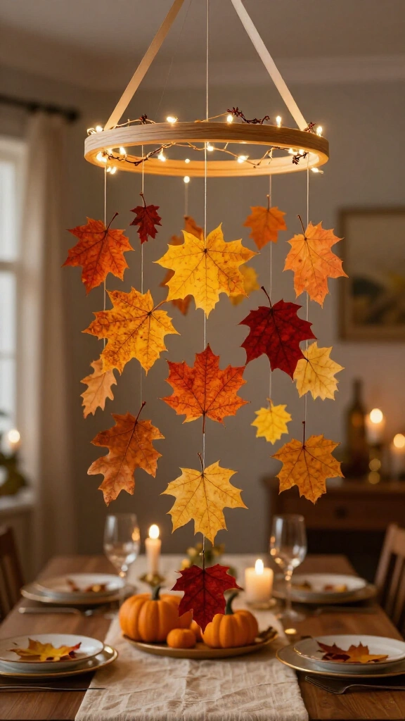 Hanging Leaf Mobile with Embroidery Hoops