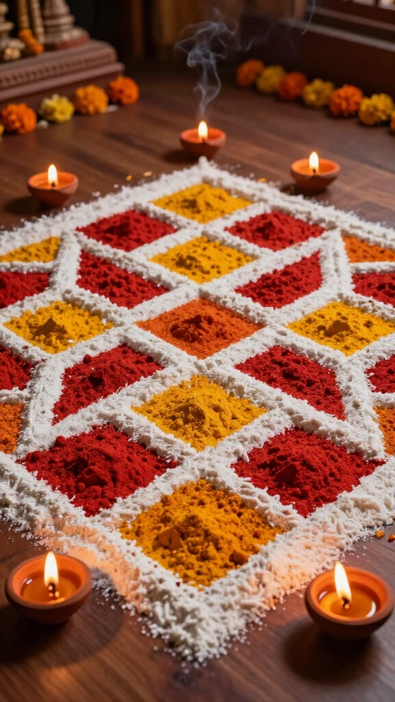 Geometric Kolam Border with Rice Flour and Kumkum