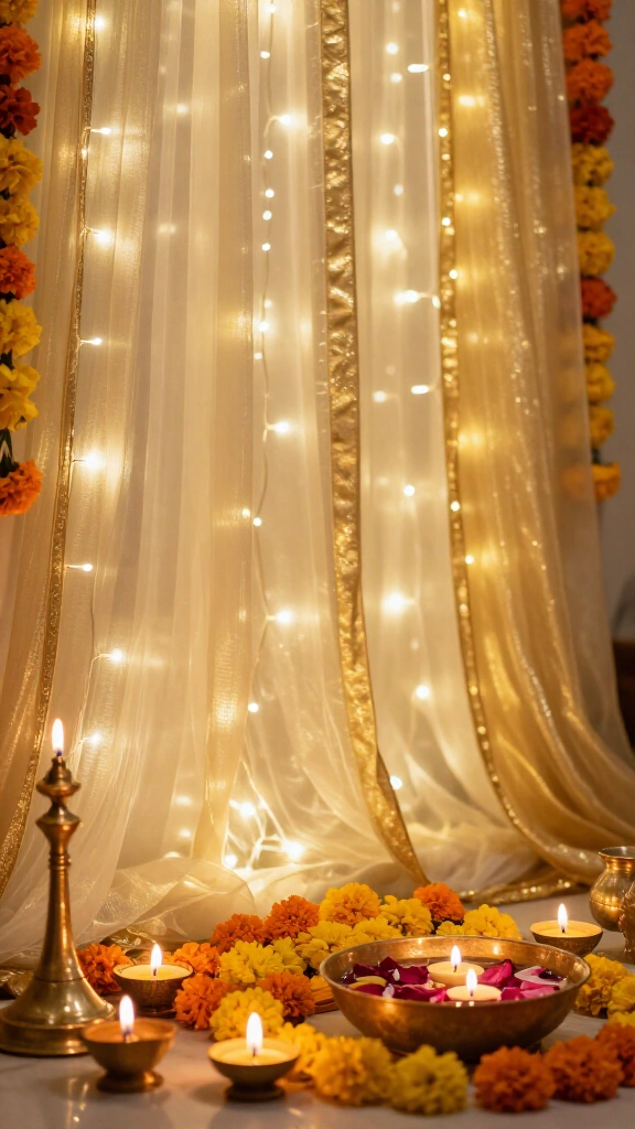 Fairy Light Waterfall Behind Sheer Organza