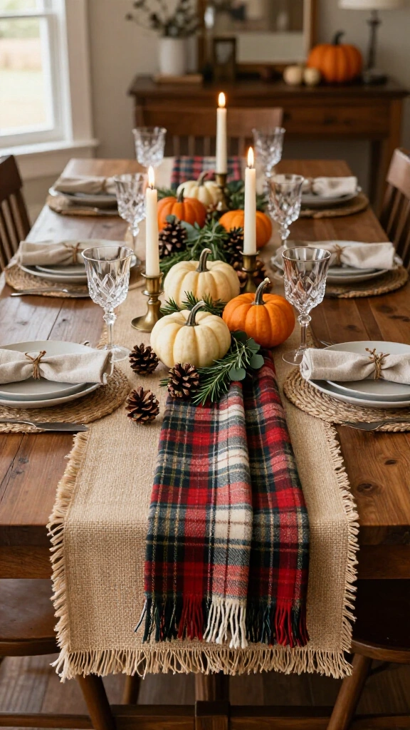 Burlap and plaid cozy farmhouse runner